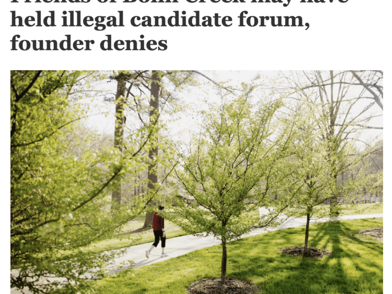 Screenshot of Daily Tar Heel article with the headline "Friends of Bolin Creek may have held illegal candidate forum, founder denies." Unearth the headline is a photo of a person running in Umstead Park.